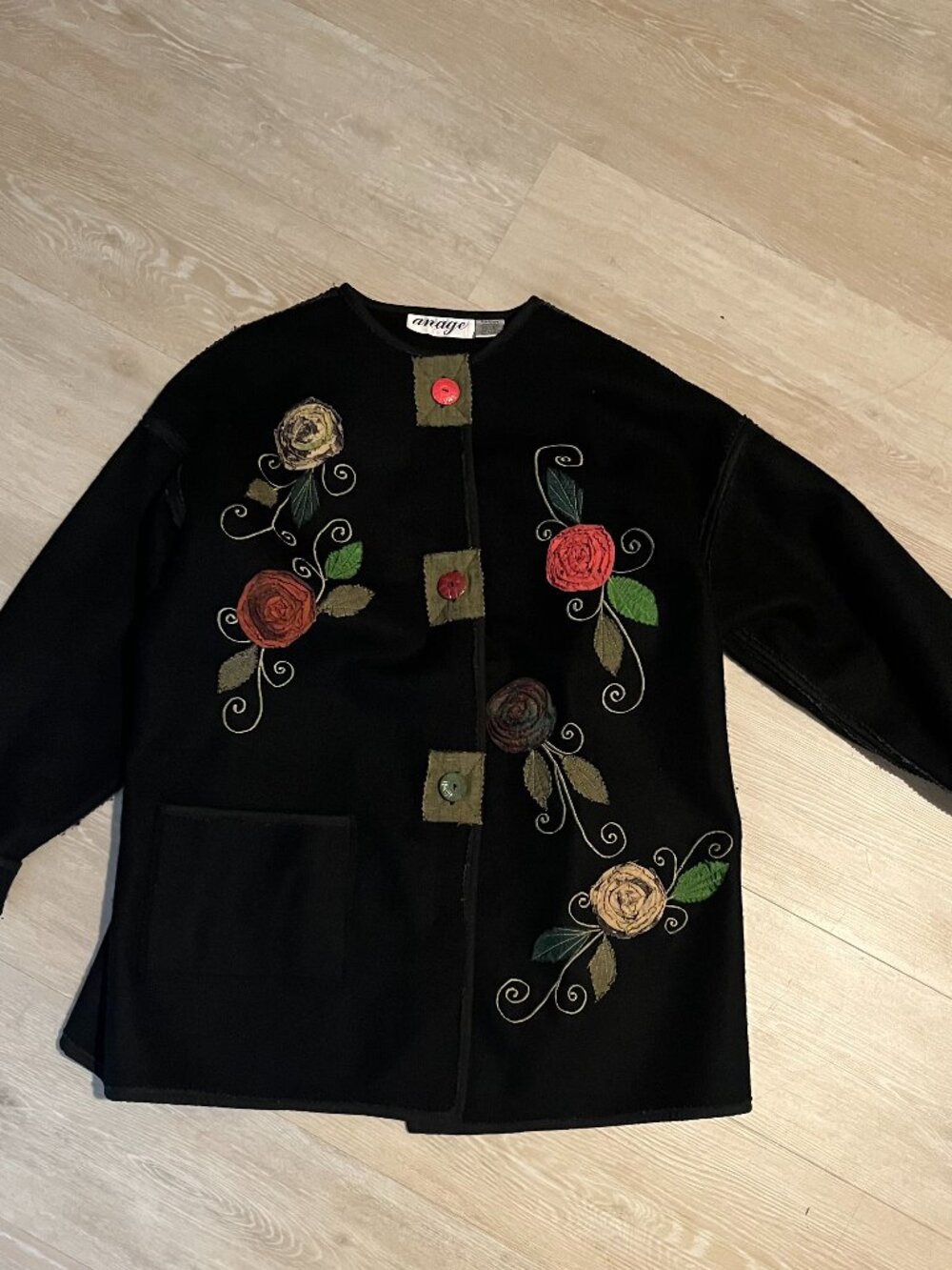 Anage 100% wool floral embellished button up jacket/sweater women's S